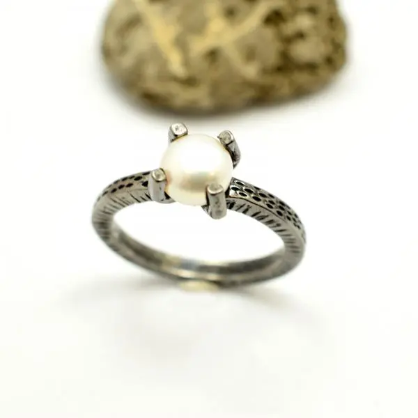 Oxidized Sterling silver pearl ring