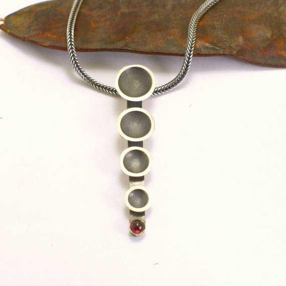 Contemporary garnet necklace bar sterling silver oxidized matte silver modern pendant minimal necklace