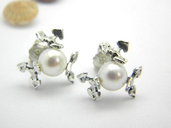 Sterling silver pearl earrings stud flowers