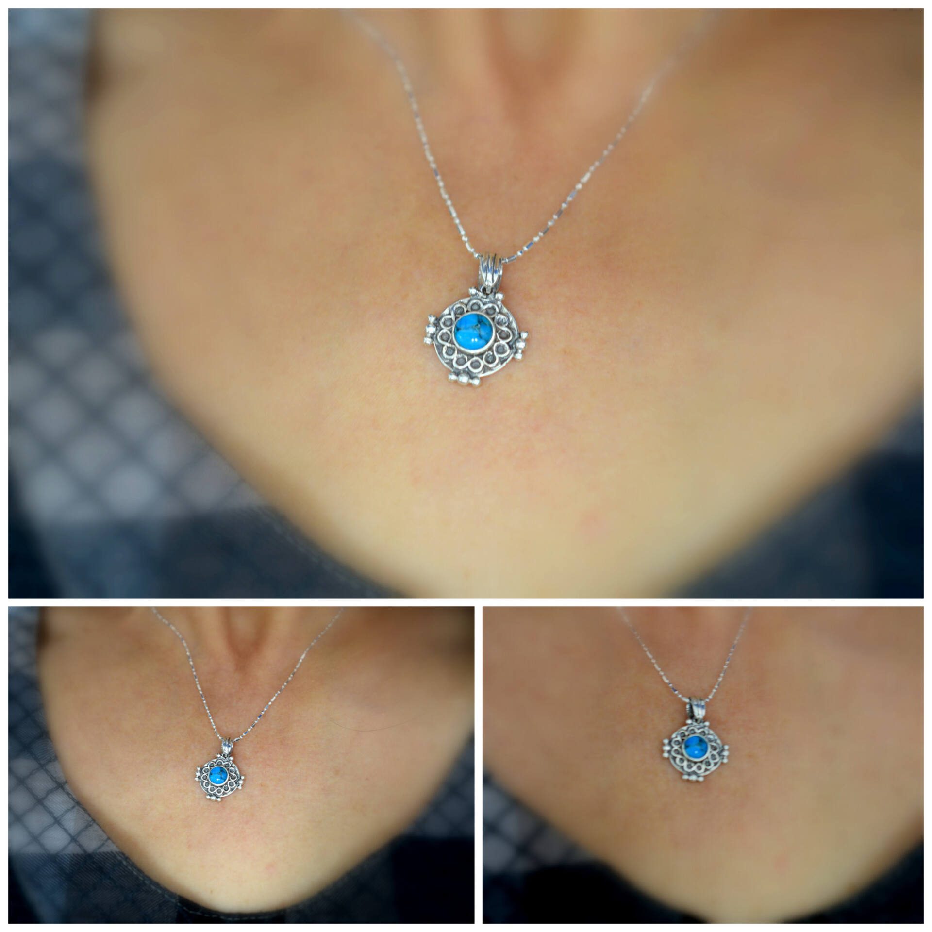 Sterling silver turquoise pendant retro necklace