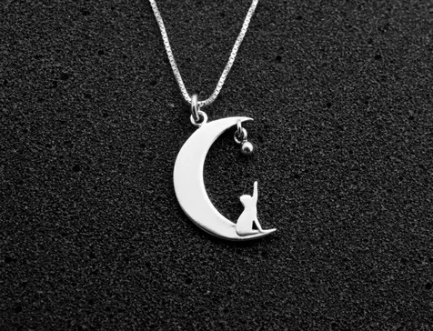 Cat necklace for cat lovers. Cat playing on the moon