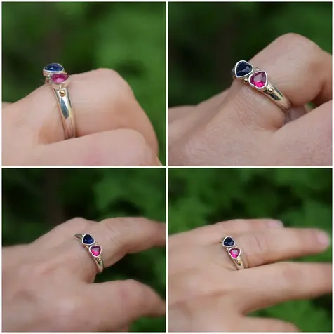 Two hearts, ruby and sapphire cubic zirconia ring  from sterling silver and accents of 14k gold. Δαχτυλίδι σε ασήμι 925 και λεπτομέρειες χρυσό 14K  με καρδούλες ζιργκόν ρουμπίνι και ζαφείρι