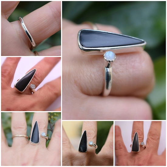 Δυο πέτρες δαχτυλίδι απο ασήμι 925 . Μαύρος όνυχας και φεγγαρόπετρα Handmade ring from sterling silver with two stones on adjustable open band ring