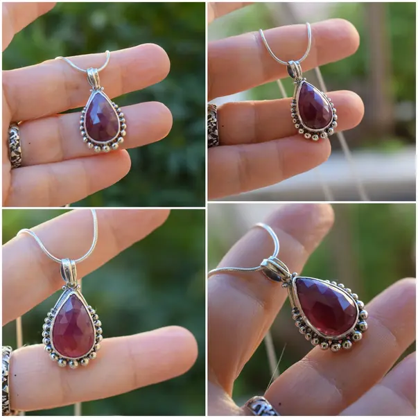 English: Handmade sterling silver ruby necklace with ornate beaded decoration – teardrop pendant, 33mm Greek: Χειροποίητο κολιέ ρουμπίνι από ασήμι 925 με διακοσμητικά σφαιρίδια – μενταγιόν σε σχήμα δάκρυ, 33mm