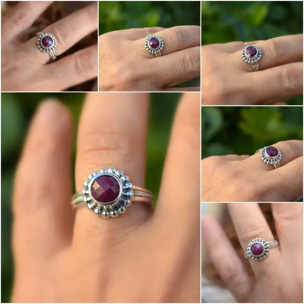 Χειροποίητο ασημένιο δαχτυλίδι με ρουμπίνι, βίνταζ μποέμ σχέδιο κοσμήματος Handmade sterling silver ring with ruby gemstone, vintage boho jewelry design.