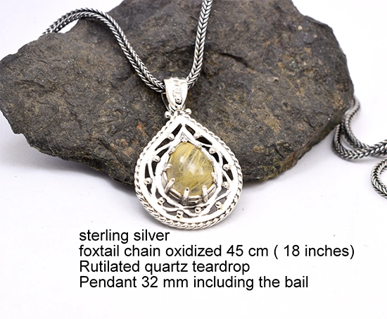 Κολιέ ασήμι με ρουτιλιωμένο χαλαζία και οξειδωμένη αλυσίδα