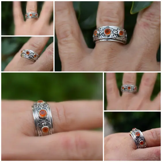 Sterling Silver Carnelian Ring. Wide Band Ornate Filigree with three gemstones