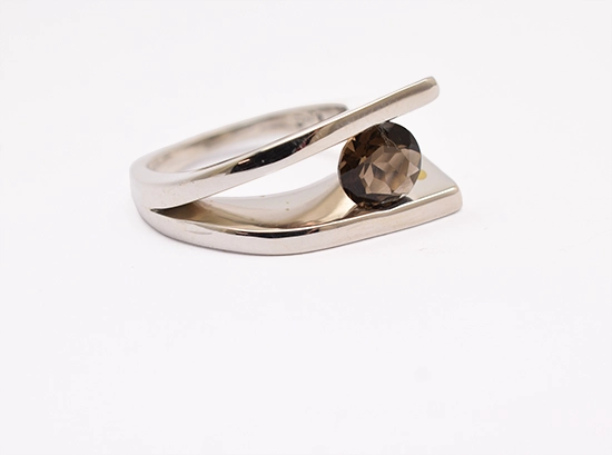 Modern sterling silver ring with faceted smoky quartz gemstone