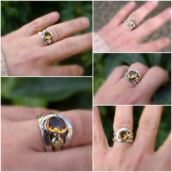 Handmade sterling silver citrine ring with 14K gold accent shown from multiple angles