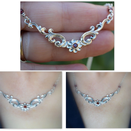 Χειροποίητο ασημένιο κολιέ με λουλούδι και γρανάτη