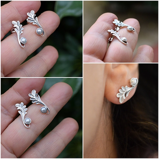 Elegant sterling silver pearl earrings worn