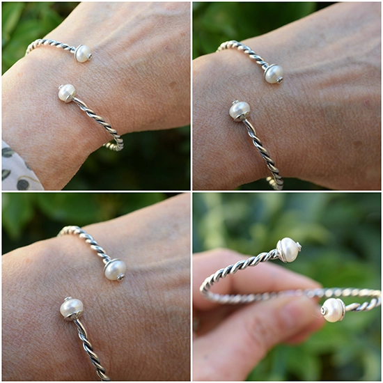 Sterling silver twisted pearl bangle worn on wrist, adjustable open cuff bracelet handmade in Greece